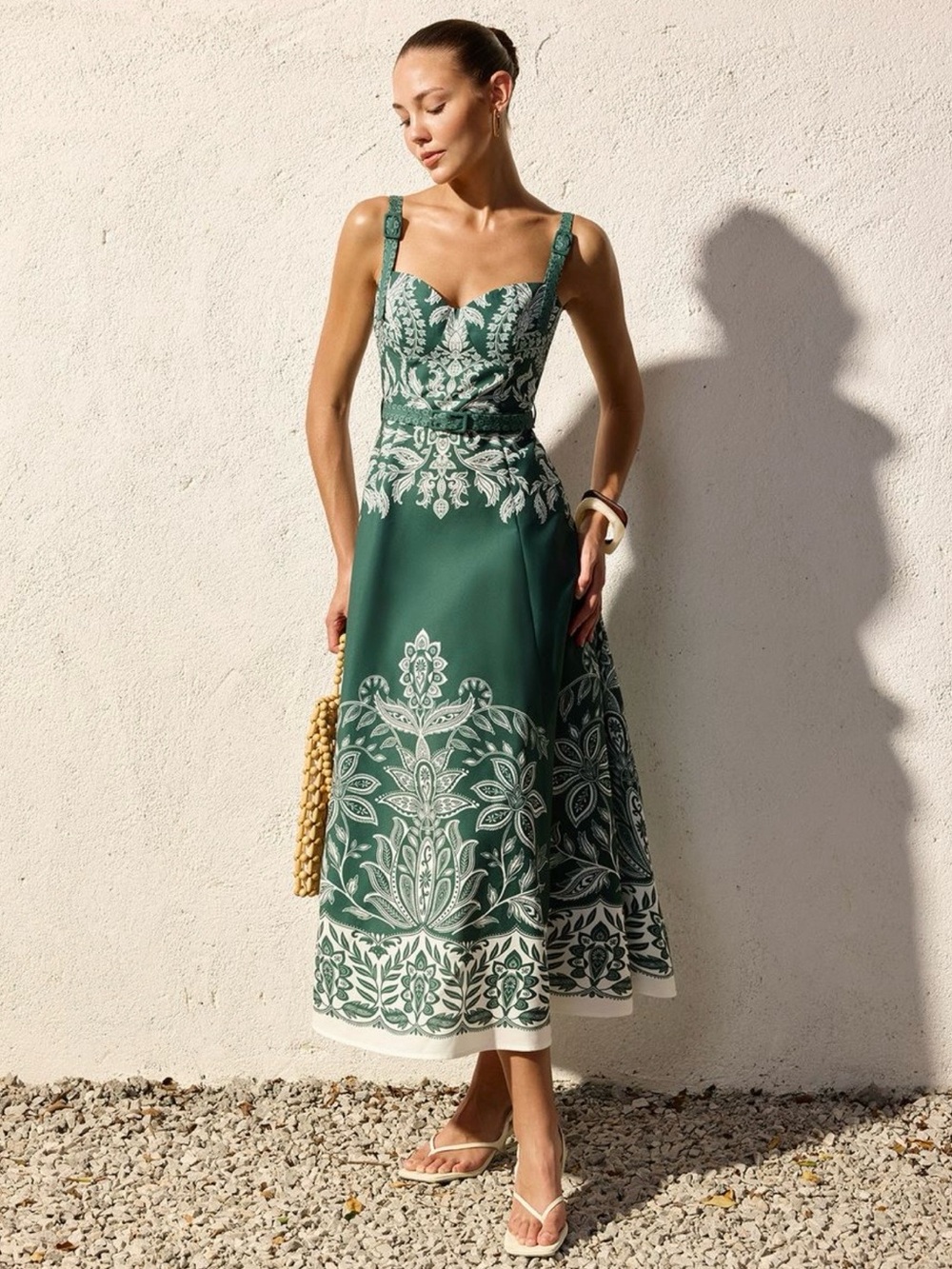 Commense Baroque Green and White Floral Print Belted Cami Maxi Dress